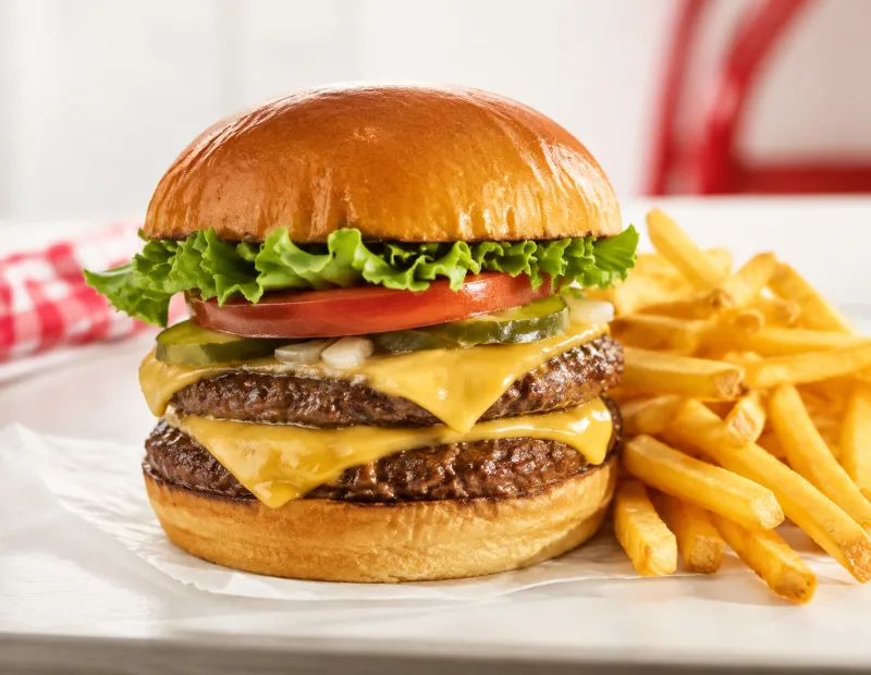 Double cheeseburger served with golden fries