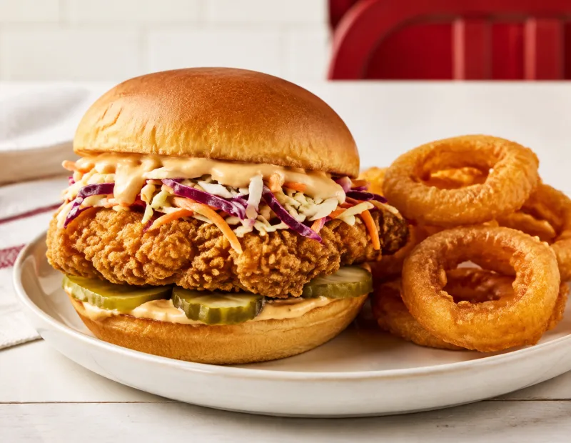 Crispy chicken sandwich served with onion rings
